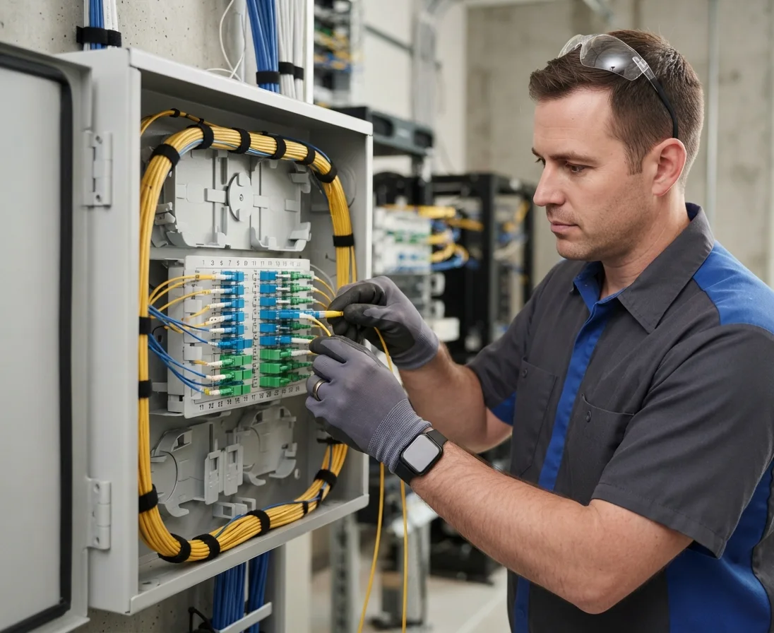 Technician terminating fiber in a distribution box